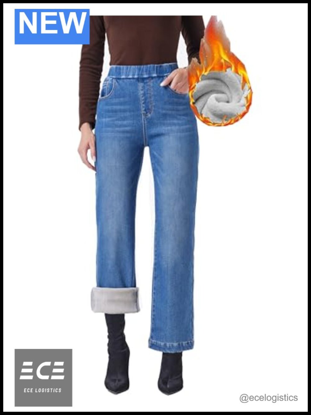 Fleece Lined Wide Leg Pull On Thermal Jeans Winter High Rise Stretch Pants